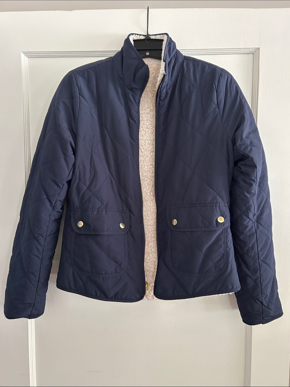 Navy Quilted Puffer Jacket with Cream Sherpa Lining